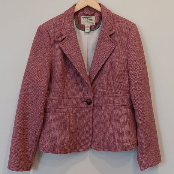 LL BEAN herringbone blazer pink shetland wool 16 vntg old money country office - Picture 1 of 8